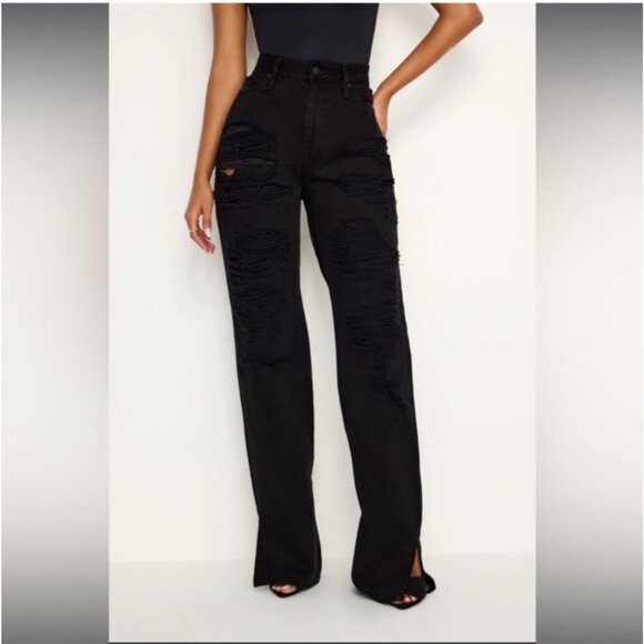 NEW Good American Khloé Long Distressed High-Rise Black Relaxed Denim Jeans 16 - Picture 1 of 16